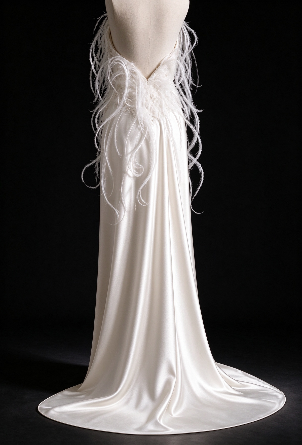 White Halter Satin Wedding Dress With Feather Embellishment & Deep V Back fg8986