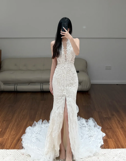 V Neck White Lace Mermaid Wedding Dress Sexy Wedding Gowns fg8685