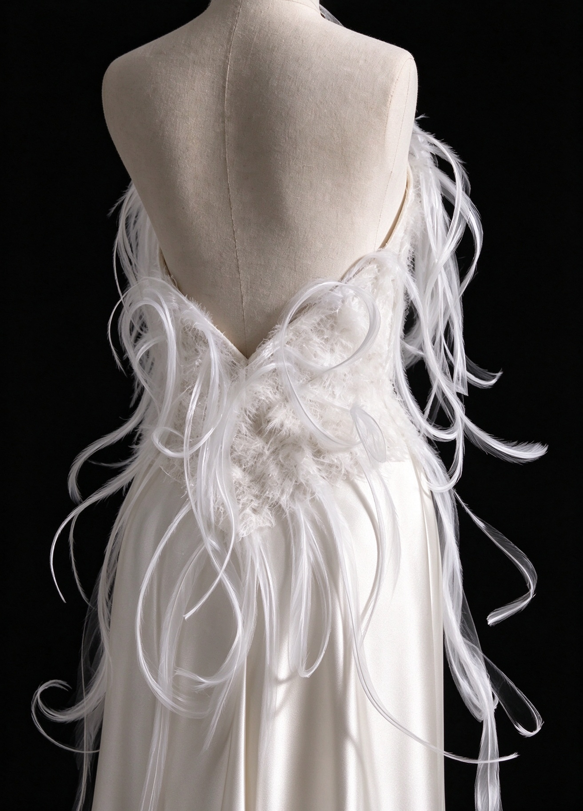 White Halter Satin Wedding Dress With Feather Embellishment & Deep V Back fg8986