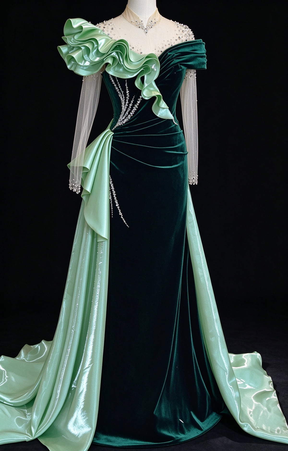 Dark Green Velvet Mermaid Evening Gown With Light Green Ruffled Satin, Beaded Illusion Neck & Sheer Tulle Sleeves fg8987