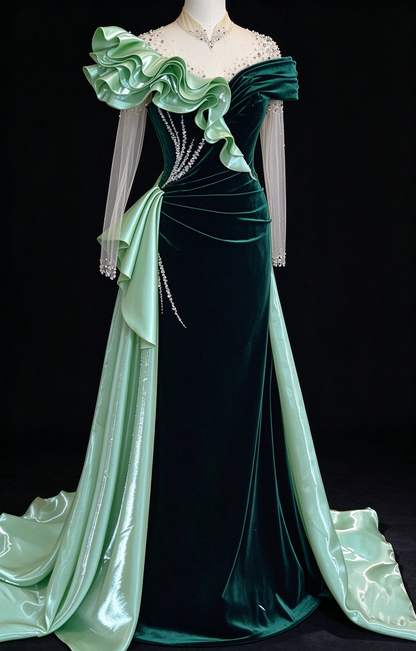 Dark Green Velvet Mermaid Evening Gown With Light Green Ruffled Satin, Beaded Illusion Neck & Sheer Tulle Sleeves fg8987