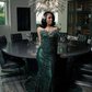 Luxury One Shoulder Satin Beaded Evening Dress Emerald Green Mermaid Prom Dress fg8412