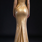 Gold Off-the-Shoulder Mermaid Evening Gown, Beaded Long Sleeves with Draped Waist fg9034