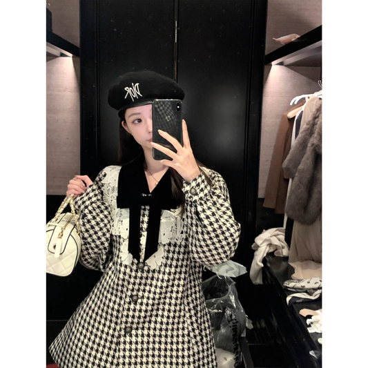 Houndstooth velvet belted coat  A76