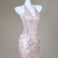 Mermaid Halter Light Pink Satin Beaded Long Prom Dress,Formal Evening Dress  fg8496