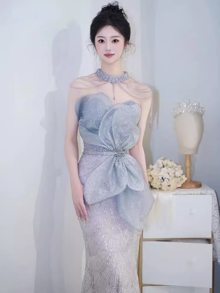 Mermaid High Neckline Sequin Long Evening Dress Beads Prom Dress fg8576