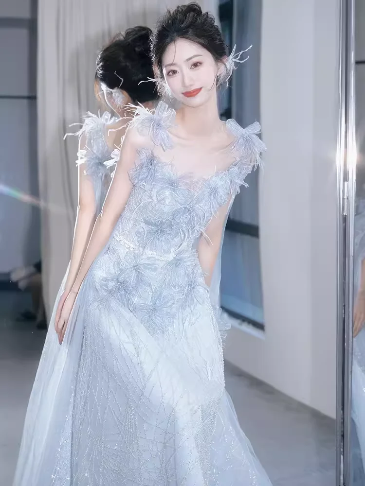 Mermaid Straps Gray Sequin Long Evening Dress Beads Prom Dress  fg8579