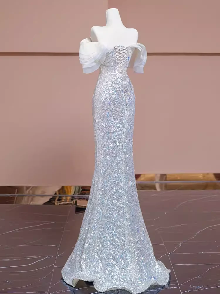 Mermaid Off The Shoulder Sequin Long Evening Dress Beads Prom Dress  fg8578