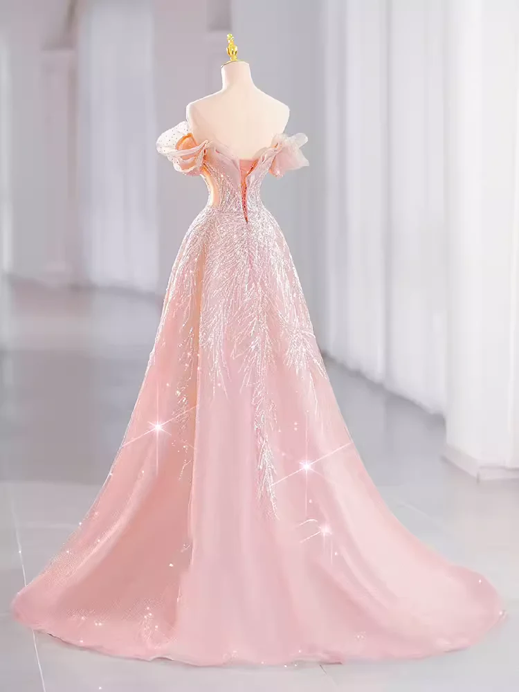 A line Off The Shoulder Pink Sequin Long Evening Dress Prom Dress  fg8583