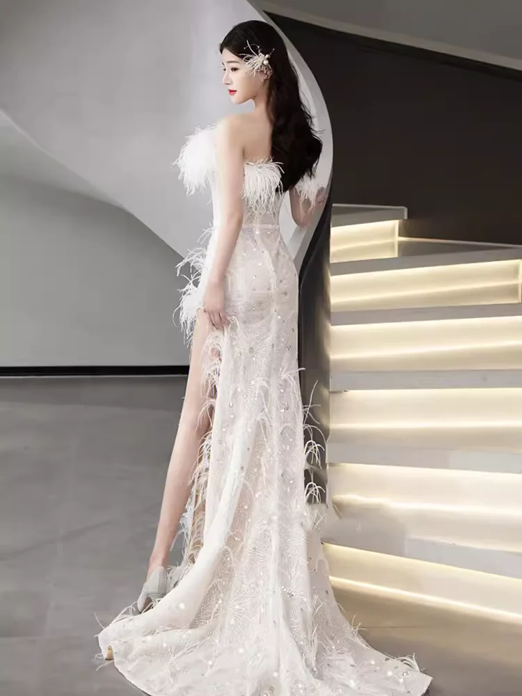 Mermaid Strapless Sequin Beads Long Evening Dress Slit Prom Dresses With Feathers  fg8585