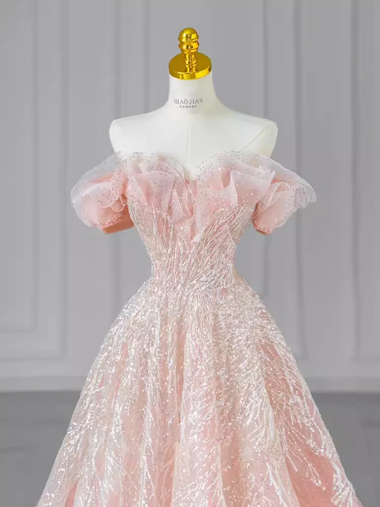 A line Off The Shoulder Pink Sequin Beads Long Evening Dress Prom Dresses   fg8584