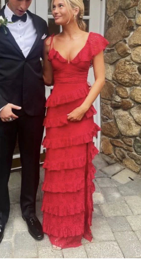 long red prom dresses, sexy lace evening dress with slit      fg833