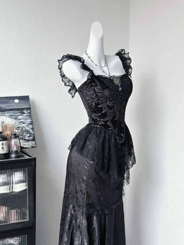 Vintage Black Satin Lace Long Party Dress Evening Dress fg8337
