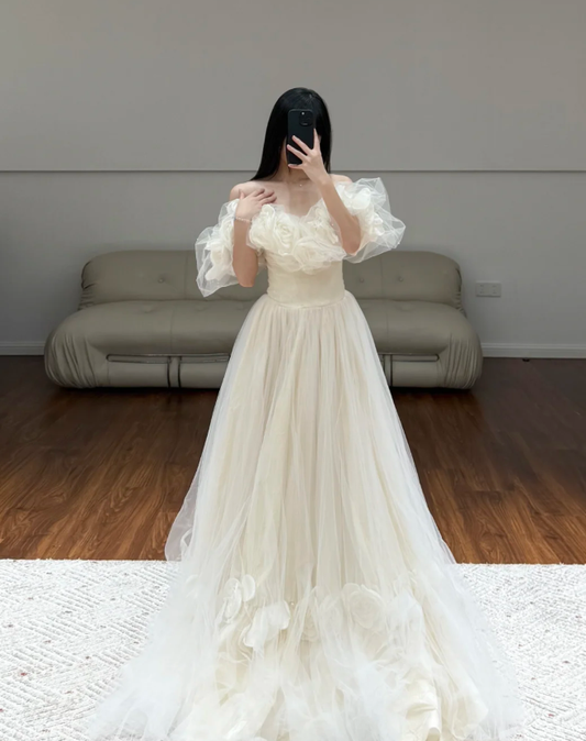 Off The Shoulder A Line Prom Dress Beige Tulle Birthday Dress  fg8622