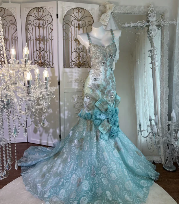 Blue Mermaid Lace Prom Party Dress Evening Dress Birthday Dress  fg8647