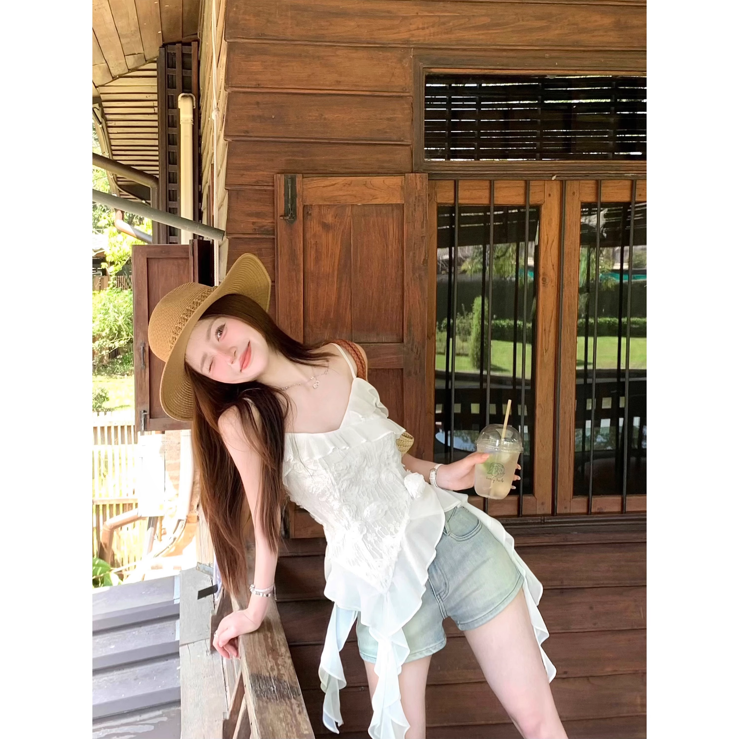 White asymmetrical camisole top - chic Korean style outfit  A23