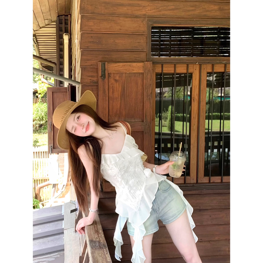 White asymmetrical camisole top - chic Korean style outfit  A23