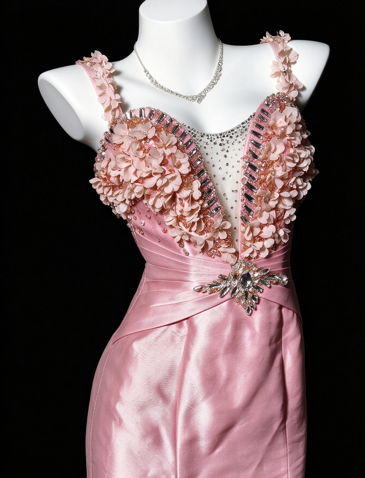 Spaghetti Strap Satin Mermaid Gown with 3D Floral & Rhinestone Embellishment fg8947