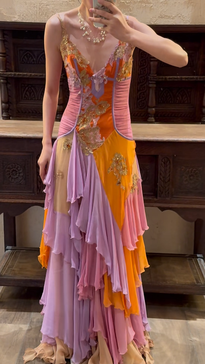 Retro Spaghetti Straps V Neck Chiffon Layered Appliques Long Party Dress Evening Dress fg8749