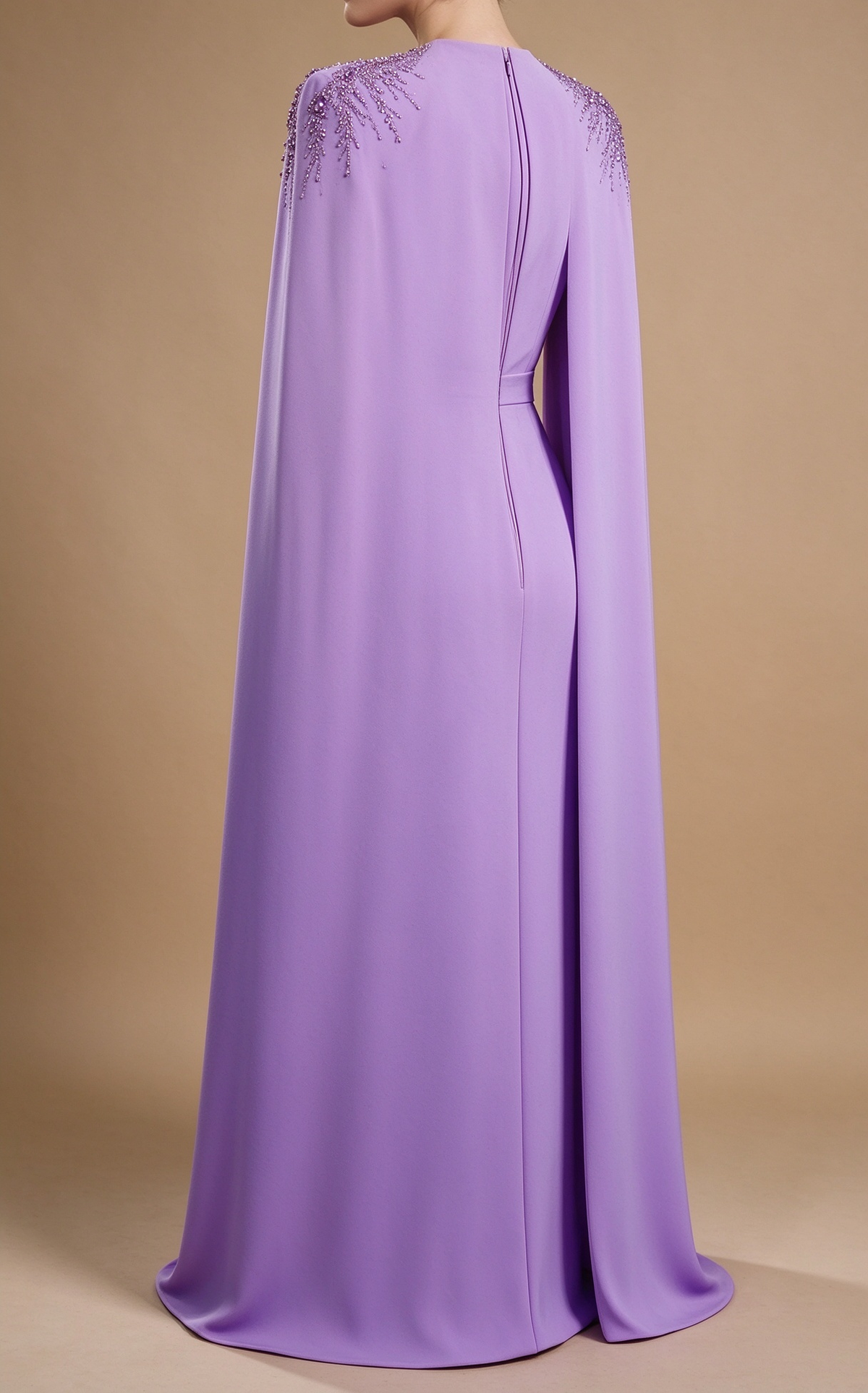 Lavender Deep V Neck Sheath Evening Gown With Cape Sleeves & Beaded Shoulder Embellishment fg8993