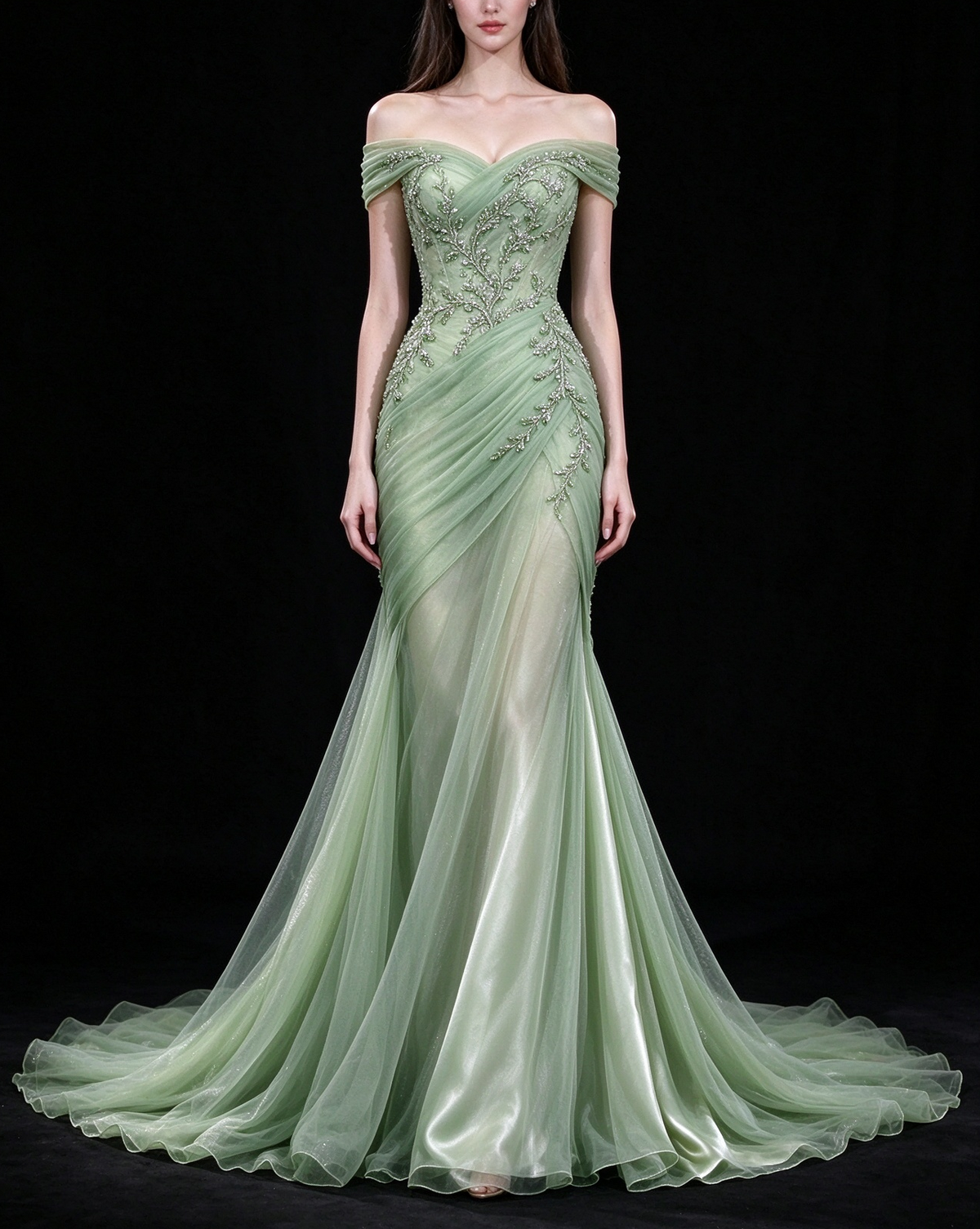 Sage Green Off Shoulder Beaded Tulle Mermaid Evening Gown fg9074