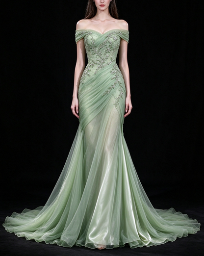 Sage Green Off Shoulder Beaded Tulle Mermaid Evening Gown fg9074