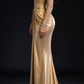 Gold Off-the-Shoulder Mermaid Evening Gown, Beaded Long Sleeves with Draped Waist fg9034