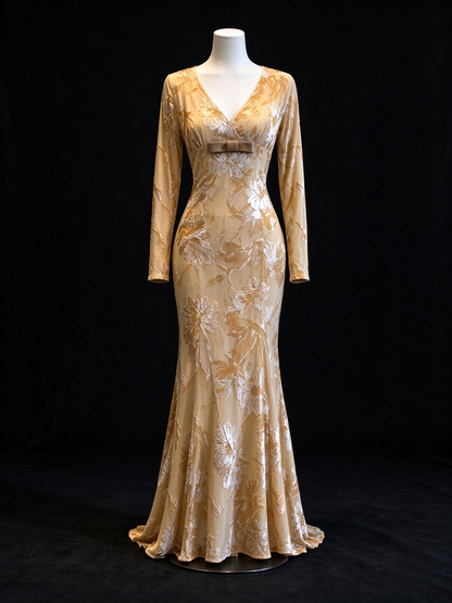 Champagne Floral Burnout Velvet Mermaid Evening Gown, V-Neck, Long Sleeve With Front Bow fg8988