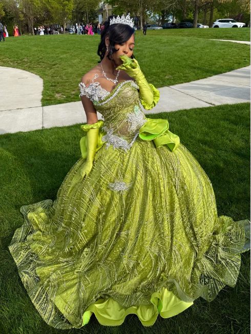 Sweetheart Ball Gown Green Long Prom Dresses Sparkly Rhinestone Tulle Green Sweet 16 Dress fg8536