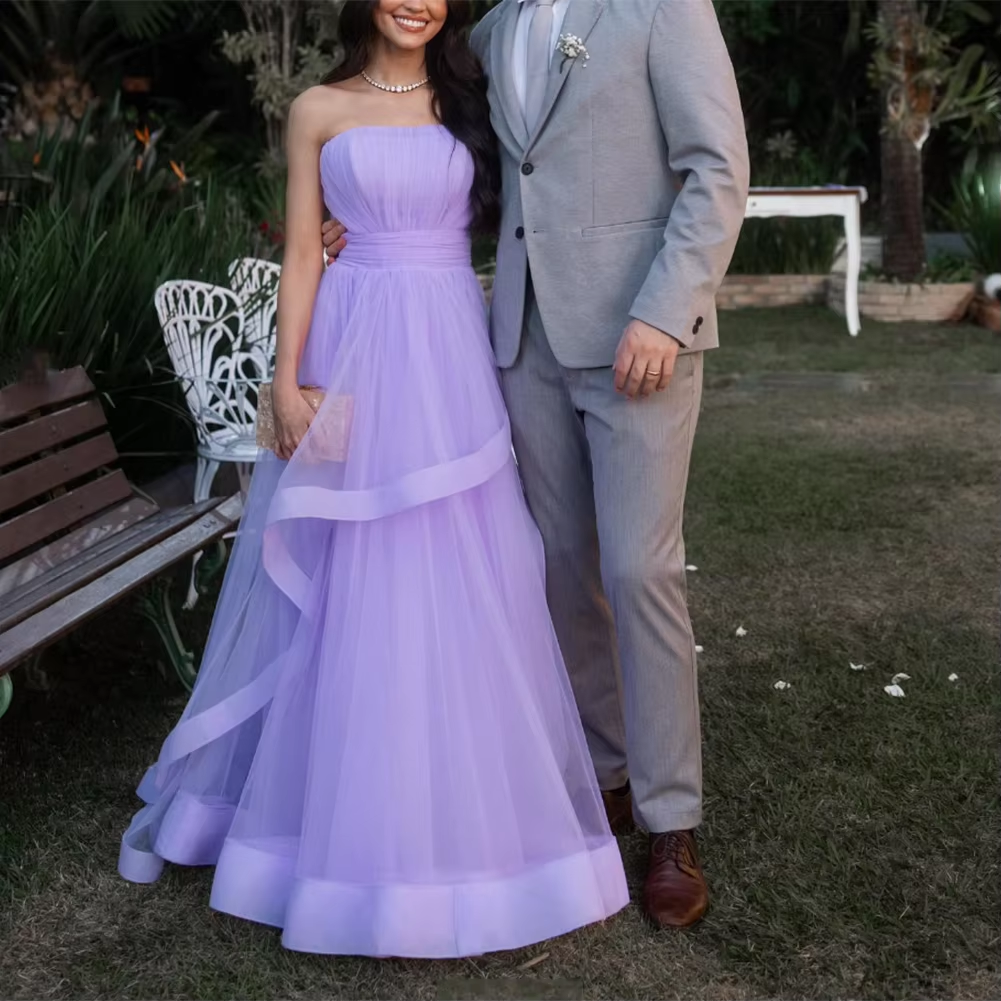 Robe longue en tulle lavande, robe de soirée de mariage, à volants, sans bretelles, robe de bal, robe de cérémonie, fg6856