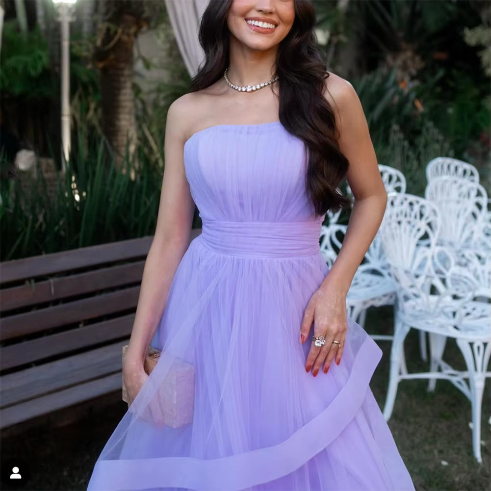 Robe longue en tulle lavande, robe de soirée de mariage, à volants, sans bretelles, robe de bal, robe de cérémonie, fg6856