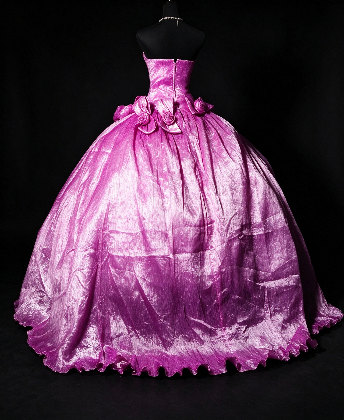 Strapless Shiny Organza Ball Gown with 3D Rose Flowers & Chain Details fg8950