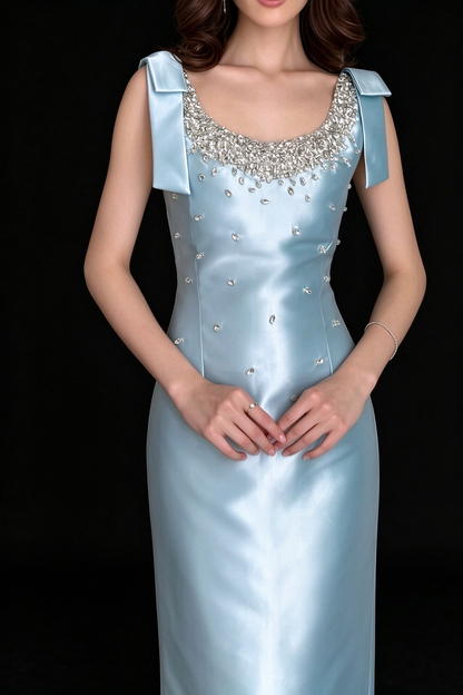 Elegant U-Neck Bow Strap Satin Midi Evening Dress With Rhinestone Embellishment For Banquet fg9008