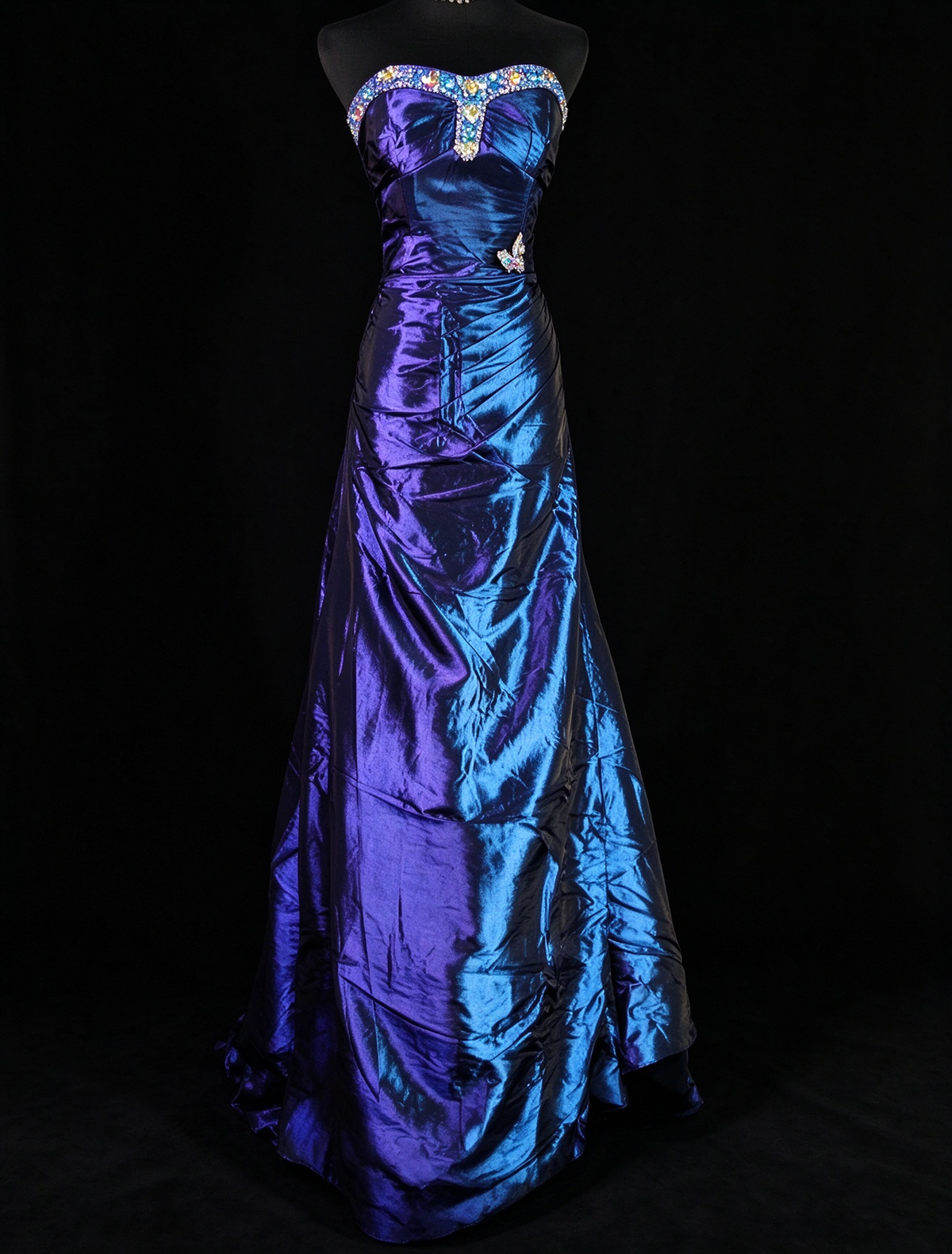 Strapless Iridescent Satin Mermaid Evening Gown with Rhinestone & Butterfly Appliqué fg8951