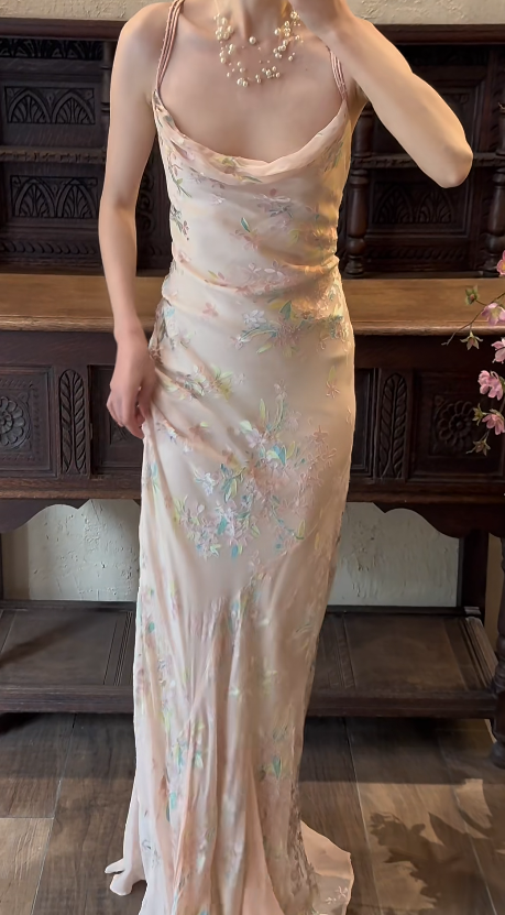 Sheath Pink Chiffon Prom Party Dress Vintage Flora Evening Dress  fg8697