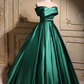 Elegant Emerald Green Satin Off-Shoulder Prom Dress, Long A-Line Formal Dress  fg8742