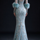 Mint Green Long Sleeve Rhinestone Feather Cuff Sheer Back Mermaid Evening Gown fg9016