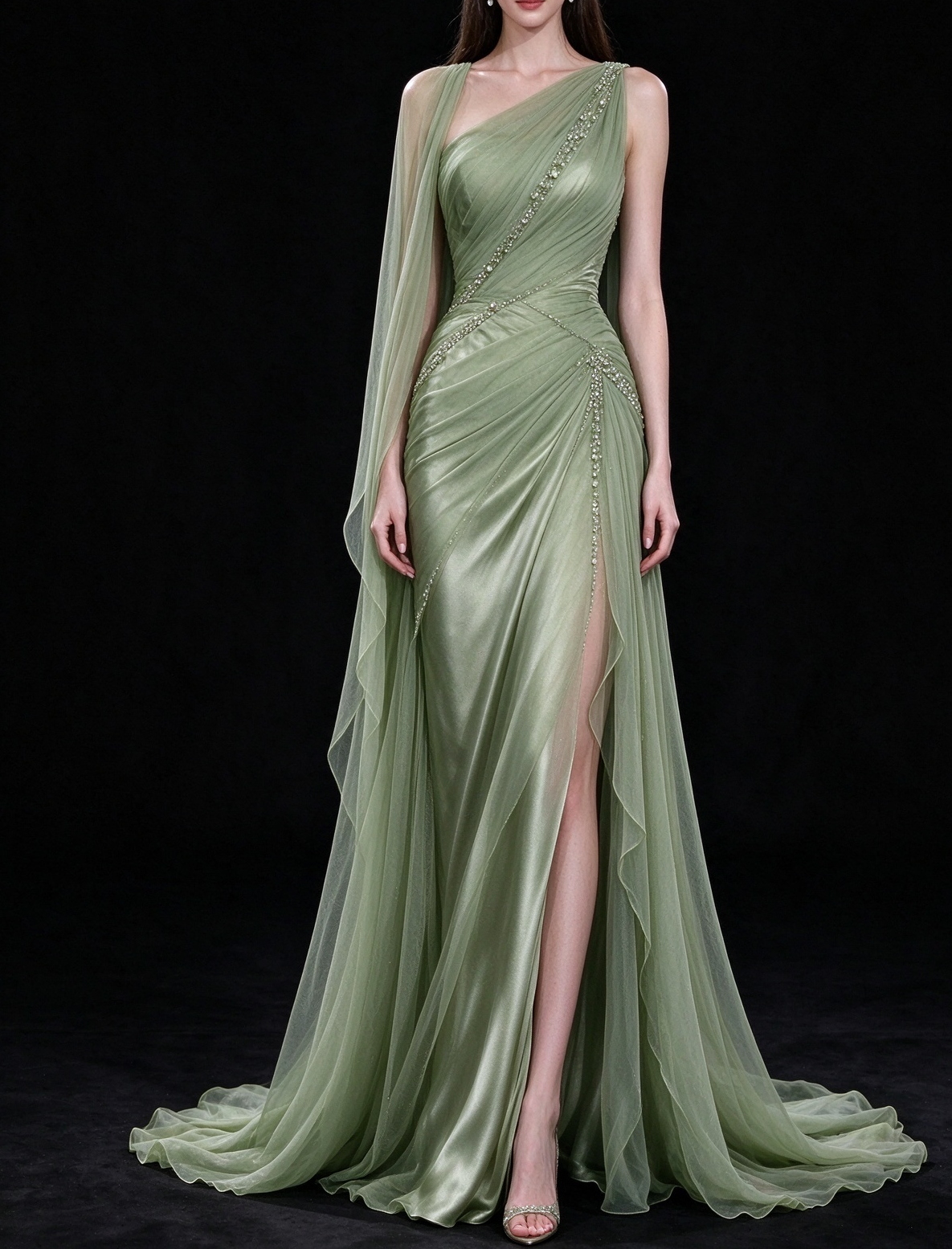 Sage Green One Shoulder Beaded Satin Tulle Evening Gown fg9075