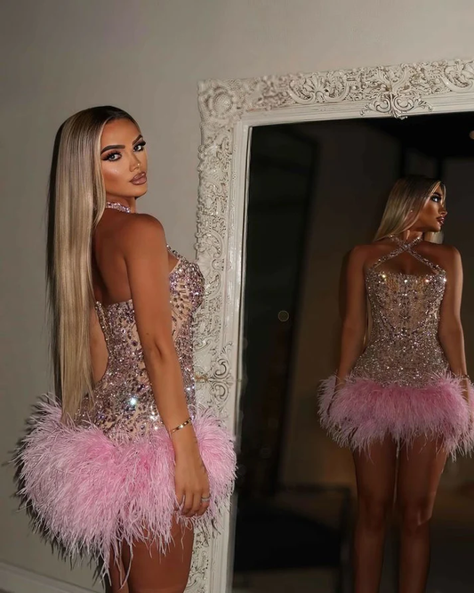 Trendy Sheath Halter Pink Beads Feathers Sequin Mini Short Formal 8th Grade Homecoming Dresses Middle School Short Prom Dress Hoco Outfits  fg8546