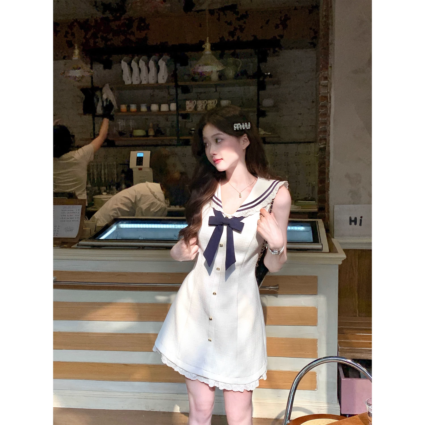 Navy collar dress, sweet preppy style sleeveless dress  A34