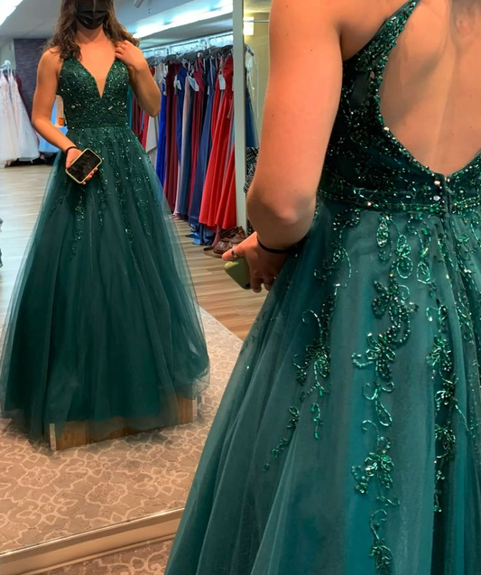 A-Line Green V Neck Beaded Tulle Long Prom Dress, Formal Dress      fg6881