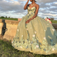 Strapless Green Quinceanera Dresses 3D Flower Applique Sweet 16 Dress Ball Gown      fg6883