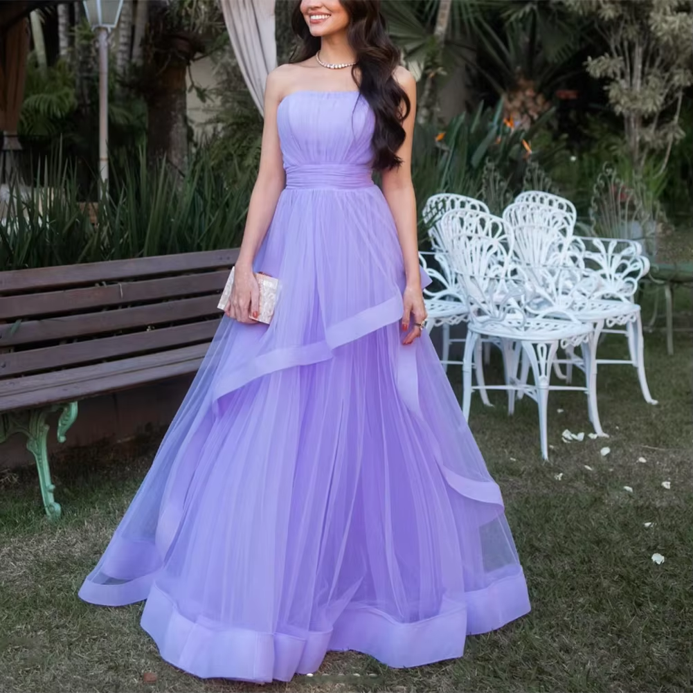 Robe longue en tulle lavande, robe de soirée de mariage, à volants, sans bretelles, robe de bal, robe de cérémonie, fg6856