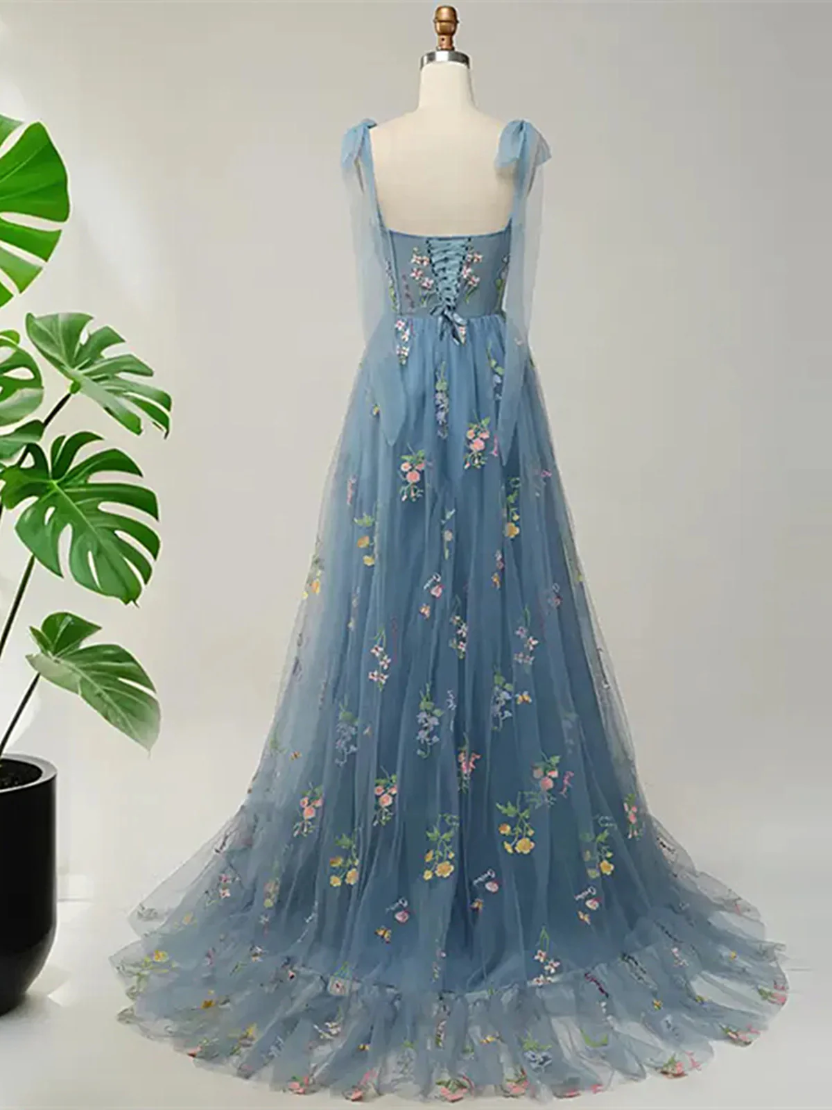 Blue Floral Embroidery Tulle Prom Dress, A-Line Fairy Gown Blue Party Dress  fg8741