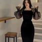 Charmante robe de bal noire à col carré et manches longues fendue sur le côté fg6845