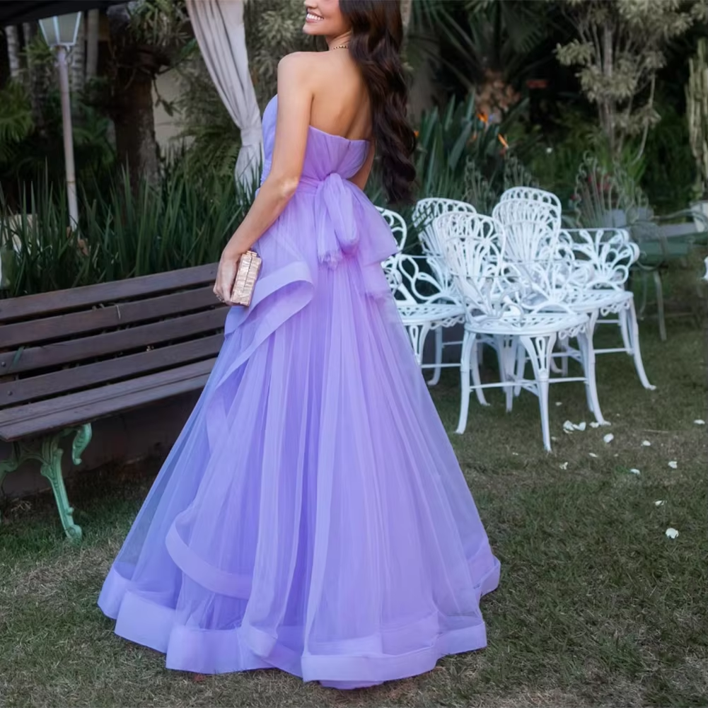Robe longue en tulle lavande, robe de soirée de mariage, à volants, sans bretelles, robe de bal, robe de cérémonie, fg6856