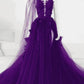 Robe de soirée longue en tulle avec appliques en dentelle, robe trapèze en tulle fg4869