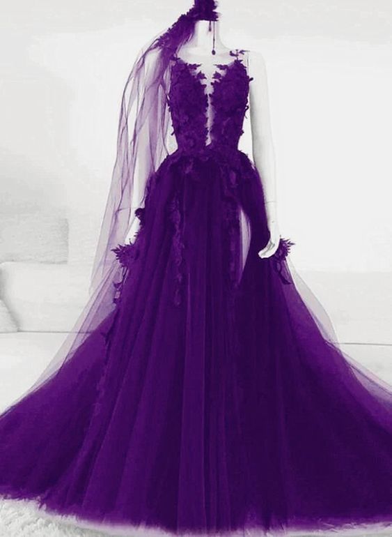 Robe de soirée longue en tulle avec appliques en dentelle, robe trapèze en tulle fg4869