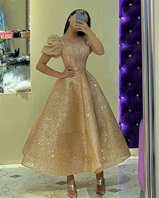 Glitter Champage Sequined Prom Dresses Puff Short Sleeves Square Neck Ankle Length A Line Formal Evening Gowns        fg4725