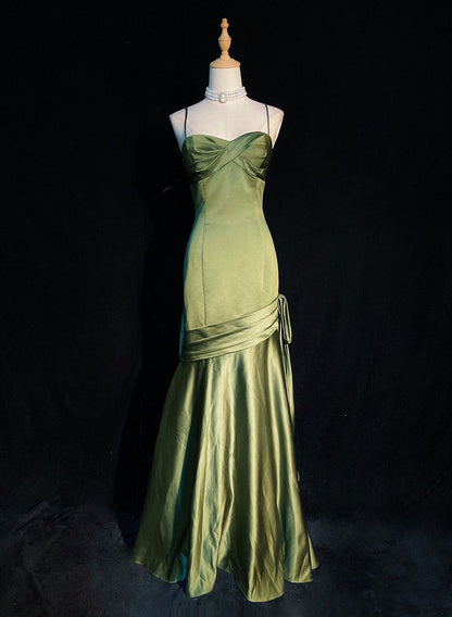 Grünes Satin-Kleid mit langen Trägern, bodenlang, Partykleid, formelles Kleid, Ballkleid fg4982